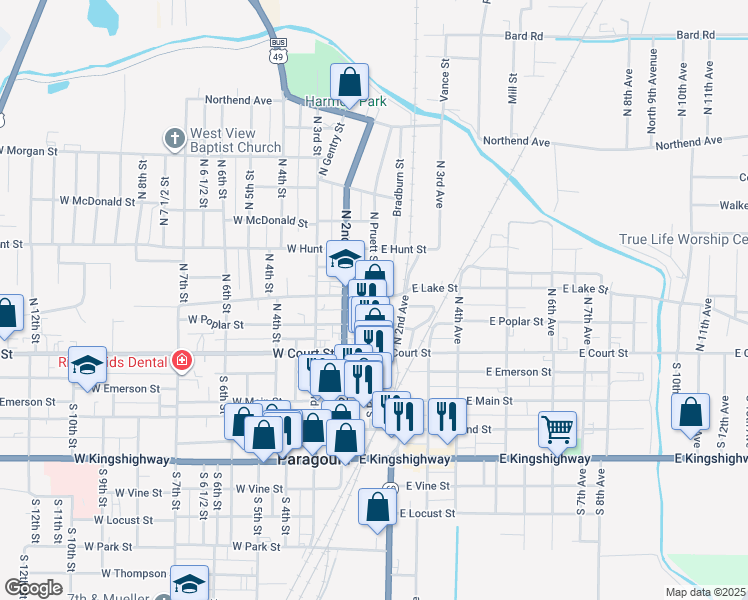 map of restaurants, bars, coffee shops, grocery stores, and more near 301 North Pruett Street in Paragould