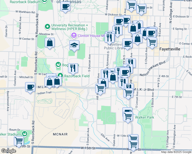 map of restaurants, bars, coffee shops, grocery stores, and more near 165 South Hill Avenue in Fayetteville