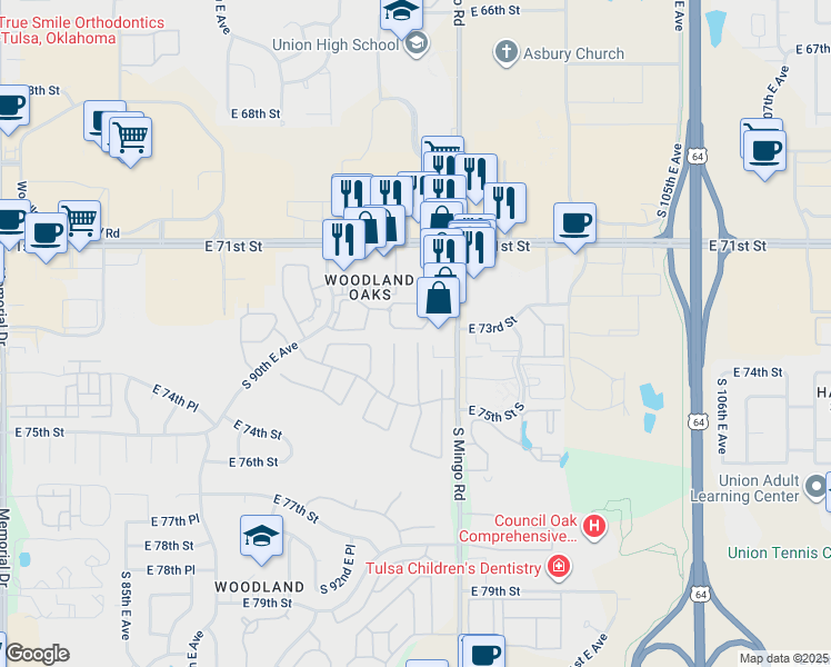 map of restaurants, bars, coffee shops, grocery stores, and more near 7116 South Mingo Road in Tulsa