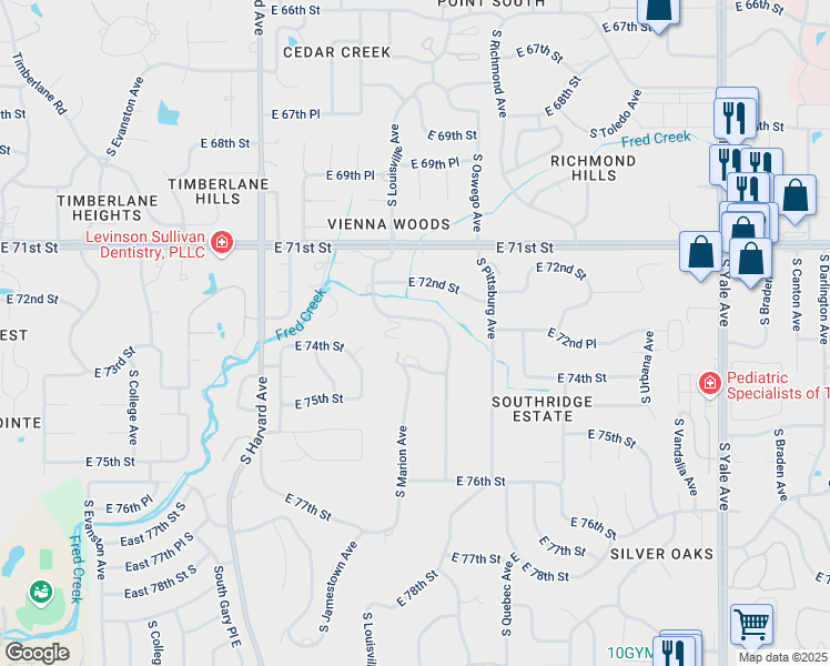 map of restaurants, bars, coffee shops, grocery stores, and more near 7345 South Oswego Avenue in Tulsa