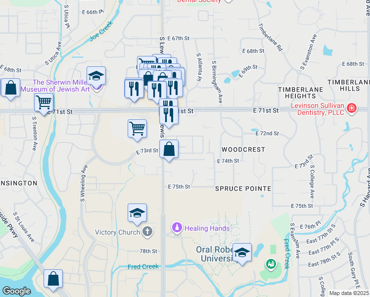 map of restaurants, bars, coffee shops, grocery stores, and more near 2428 East 72nd Place in Tulsa