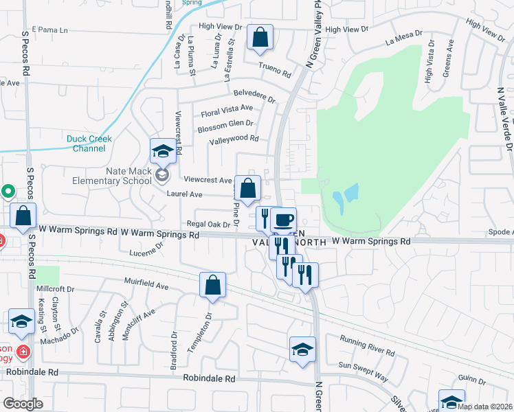 map of restaurants, bars, coffee shops, grocery stores, and more near 3193 La Mancha Way in Henderson