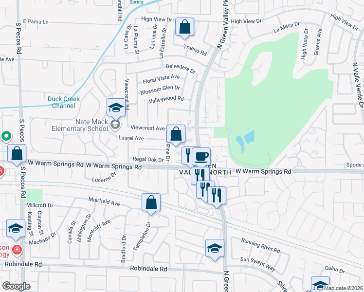map of restaurants, bars, coffee shops, grocery stores, and more near 3193 La Mancha Way in Henderson