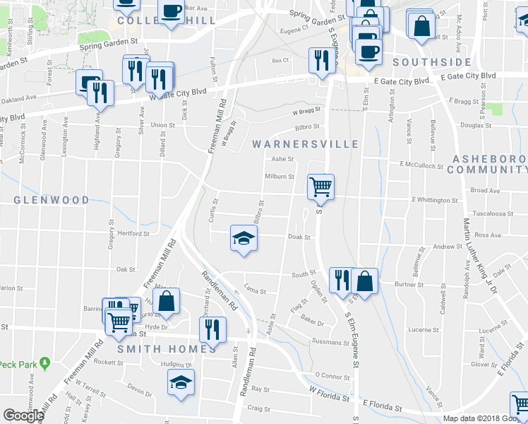 map of restaurants, bars, coffee shops, grocery stores, and more near 1209 Bilbro Street in Greensboro