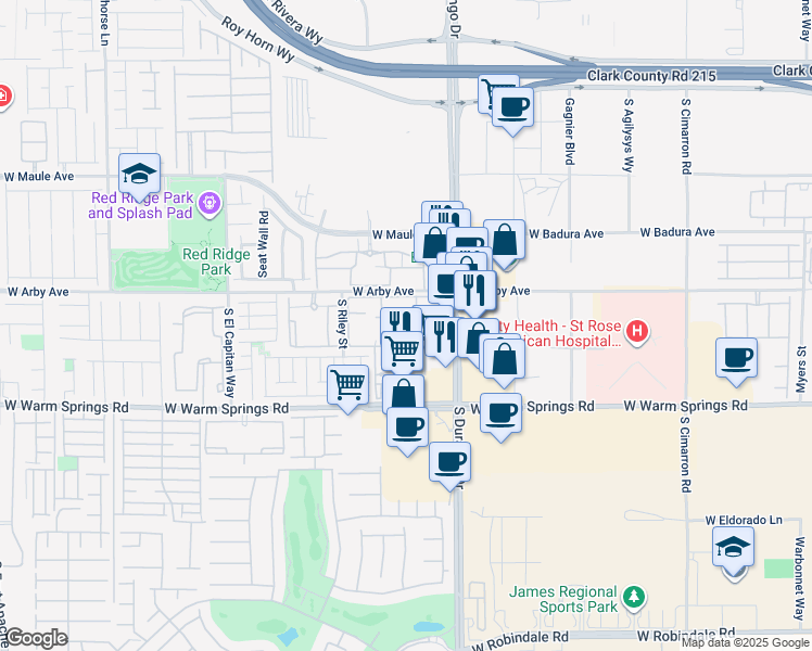 map of restaurants, bars, coffee shops, grocery stores, and more near 7173 South Durango Drive in Las Vegas