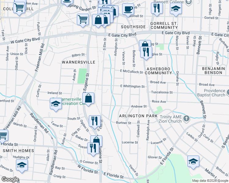 map of restaurants, bars, coffee shops, grocery stores, and more near 202 East Whittington Street in Greensboro