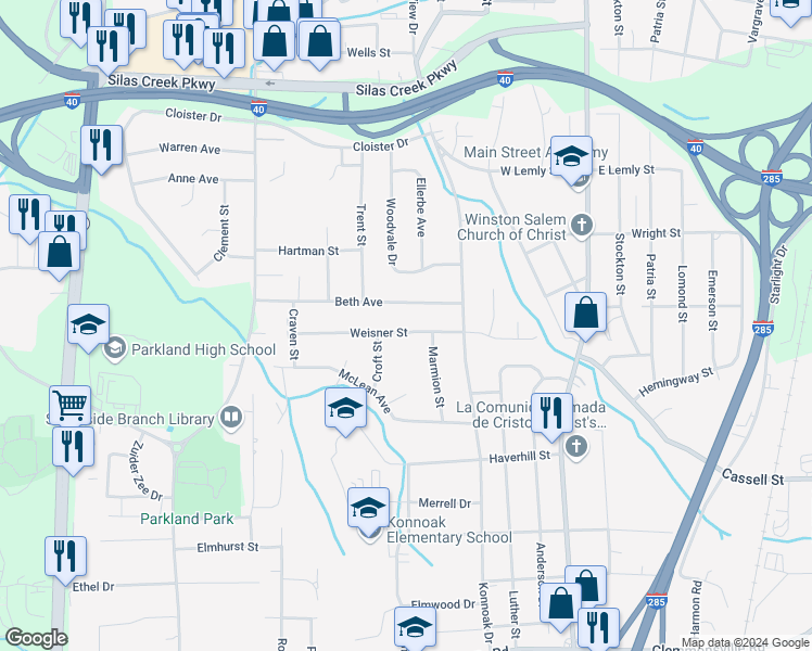 map of restaurants, bars, coffee shops, grocery stores, and more near 341 Weisner Street in Winston-Salem