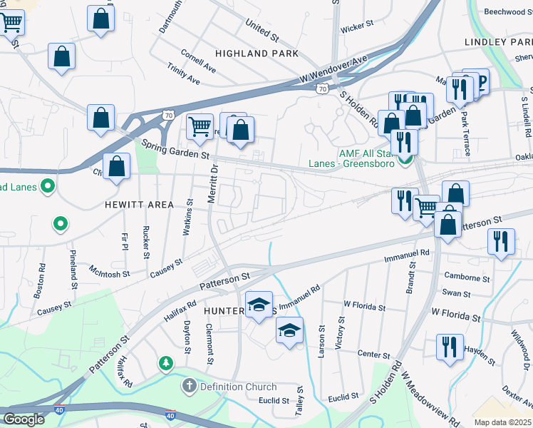 map of restaurants, bars, coffee shops, grocery stores, and more near 3600 Hewitt Street in Greensboro