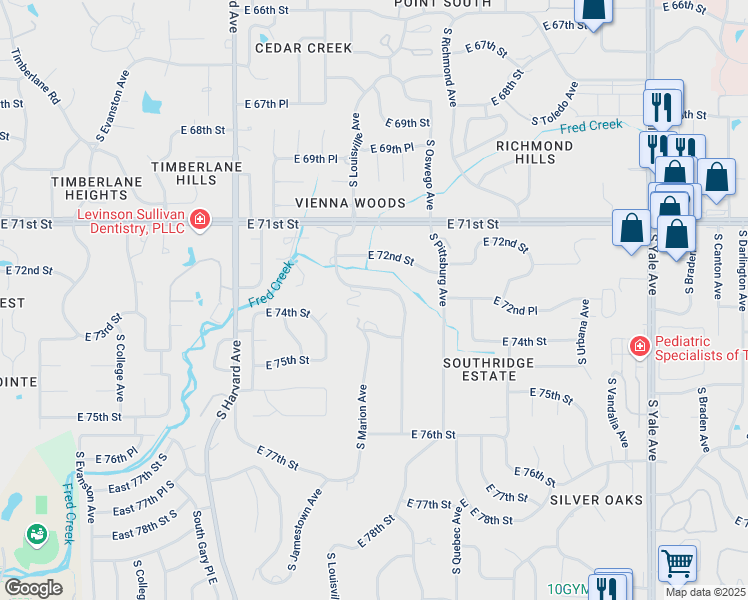 map of restaurants, bars, coffee shops, grocery stores, and more near 7345 South Oswego Avenue in Tulsa