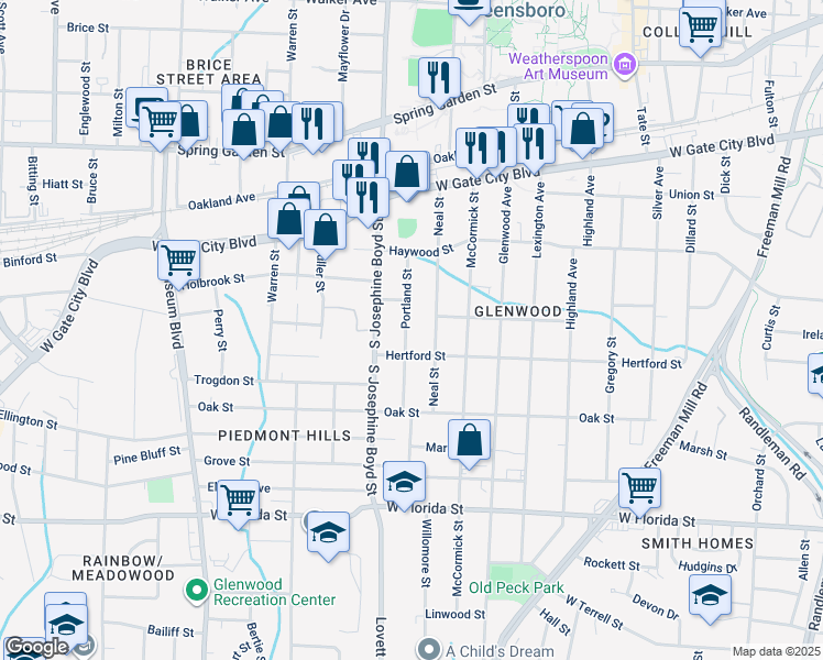 map of restaurants, bars, coffee shops, grocery stores, and more near 1005 Portland Street in Greensboro