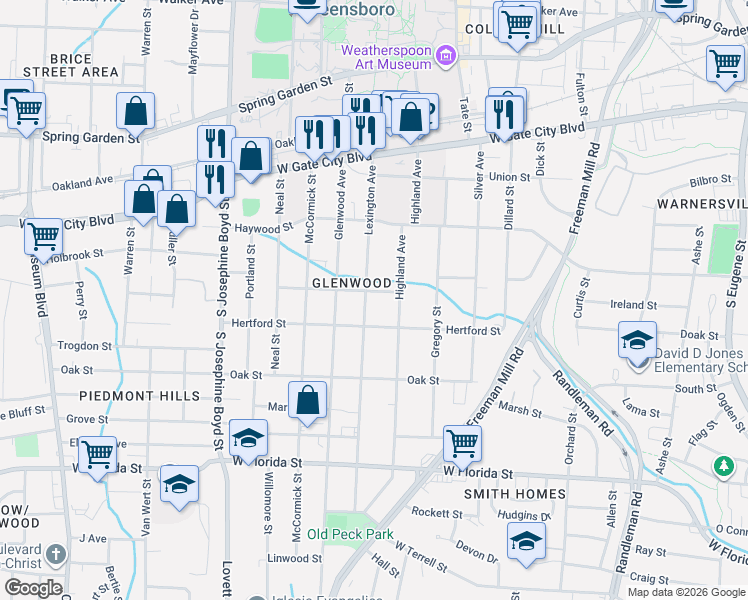 map of restaurants, bars, coffee shops, grocery stores, and more near 1004 Richardson Street in Greensboro