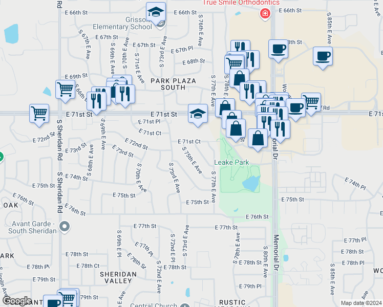 map of restaurants, bars, coffee shops, grocery stores, and more near 7129 South 75th East Avenue in Tulsa
