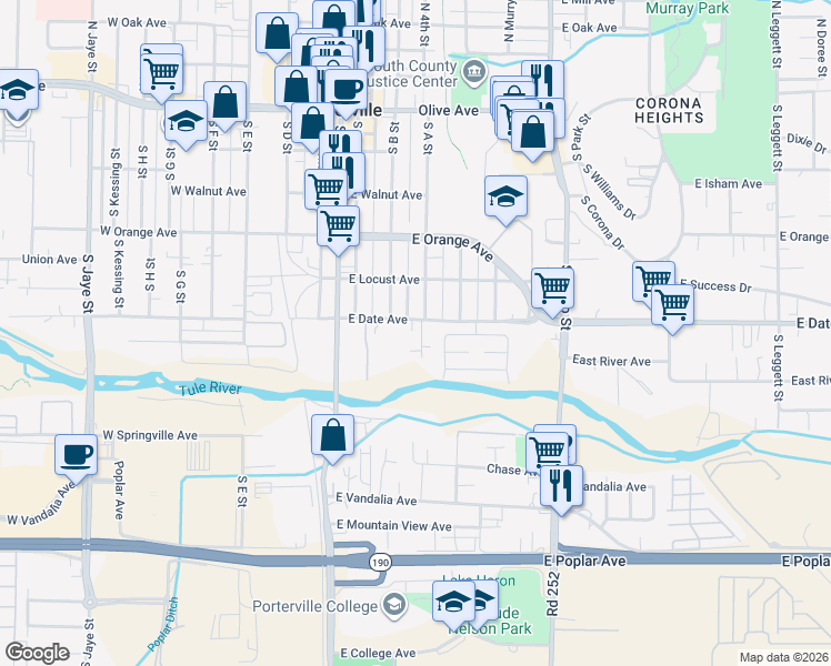 map of restaurants, bars, coffee shops, grocery stores, and more near 139 East Date Avenue in Porterville