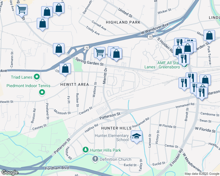map of restaurants, bars, coffee shops, grocery stores, and more near 3623 Hewitt Street in Greensboro