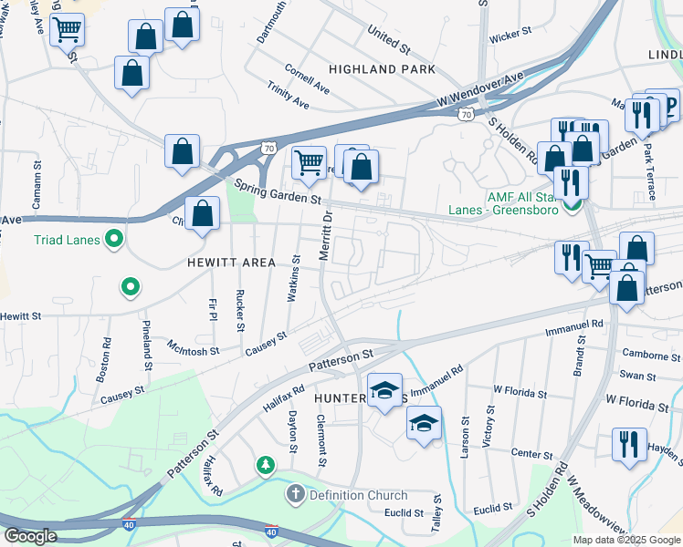 map of restaurants, bars, coffee shops, grocery stores, and more near 3625 Hewitt Street in Greensboro