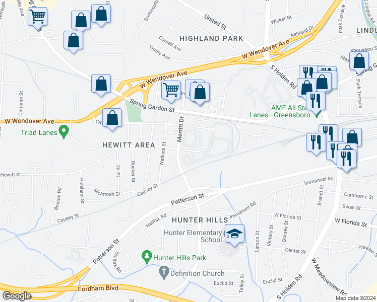 map of restaurants, bars, coffee shops, grocery stores, and more near 3627 Hewitt Street in Greensboro