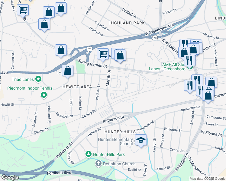 map of restaurants, bars, coffee shops, grocery stores, and more near 3631 Hewitt Street in Greensboro