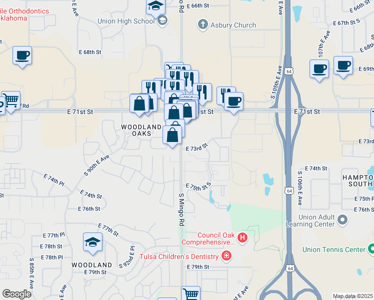 map of restaurants, bars, coffee shops, grocery stores, and more near 9808 East 73rd Street in Tulsa