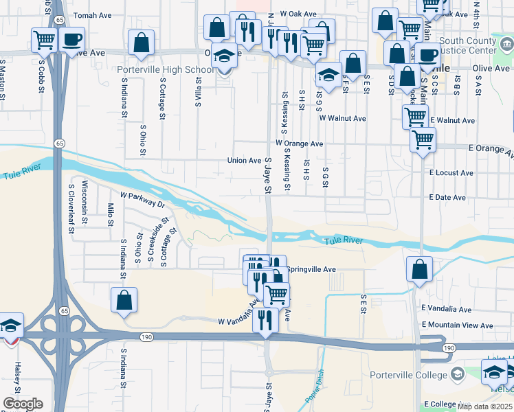 map of restaurants, bars, coffee shops, grocery stores, and more near 717 West Date Avenue in Porterville