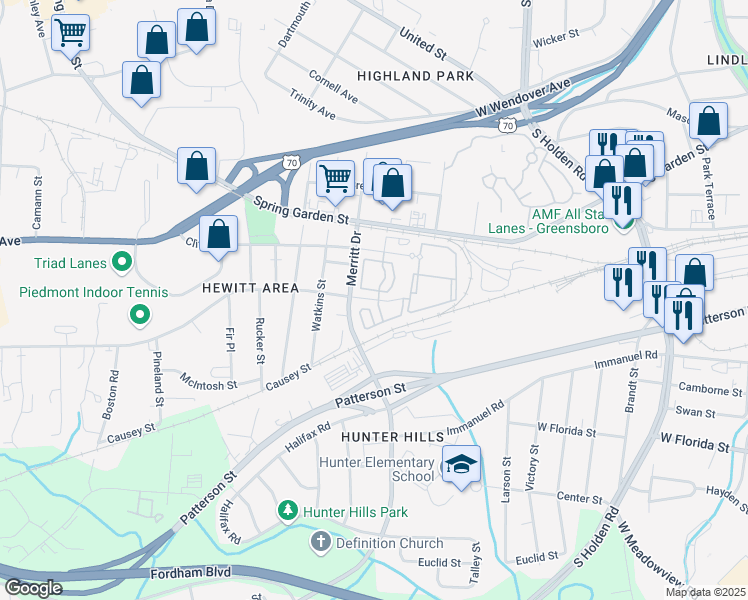 map of restaurants, bars, coffee shops, grocery stores, and more near 3614 Hewitt Street in Greensboro