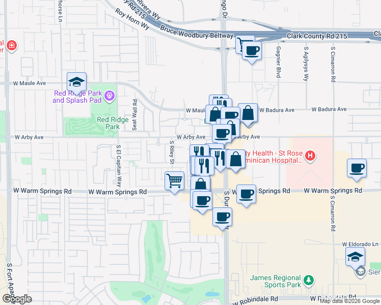 map of restaurants, bars, coffee shops, grocery stores, and more near 7119 South Durango Drive in Las Vegas