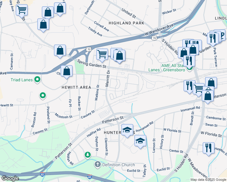 map of restaurants, bars, coffee shops, grocery stores, and more near 3616 Hewitt Street in Greensboro