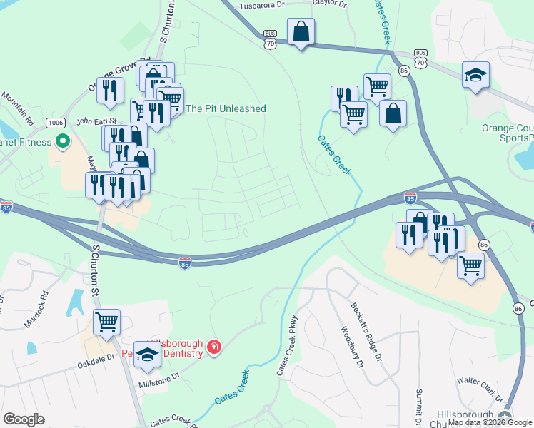 map of restaurants, bars, coffee shops, grocery stores, and more near Watermill Way in Hillsborough
