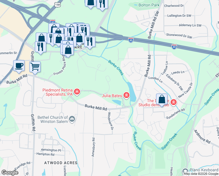 map of restaurants, bars, coffee shops, grocery stores, and more near 189 Kimel Park Drive in Winston-Salem