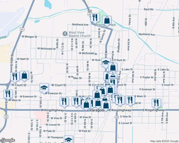 map of restaurants, bars, coffee shops, grocery stores, and more near West Highland Street in Paragould