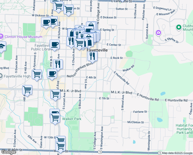 map of restaurants, bars, coffee shops, grocery stores, and more near 398 South College Avenue in Fayetteville