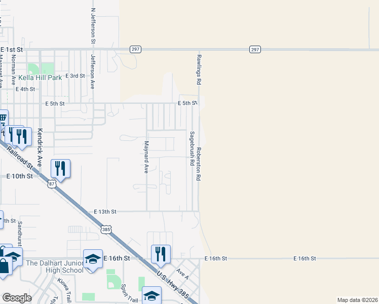 map of restaurants, bars, coffee shops, grocery stores, and more near 806 Sagebrush Road in Dalhart