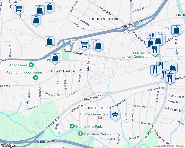 map of restaurants, bars, coffee shops, grocery stores, and more near 3628 Hewitt Street in Greensboro