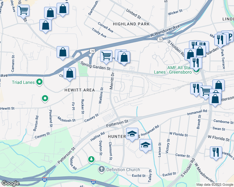 map of restaurants, bars, coffee shops, grocery stores, and more near 3628 Hewitt Street in Greensboro