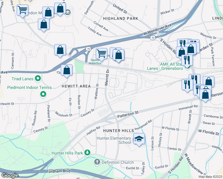 map of restaurants, bars, coffee shops, grocery stores, and more near 3630 Hewitt Street in Greensboro