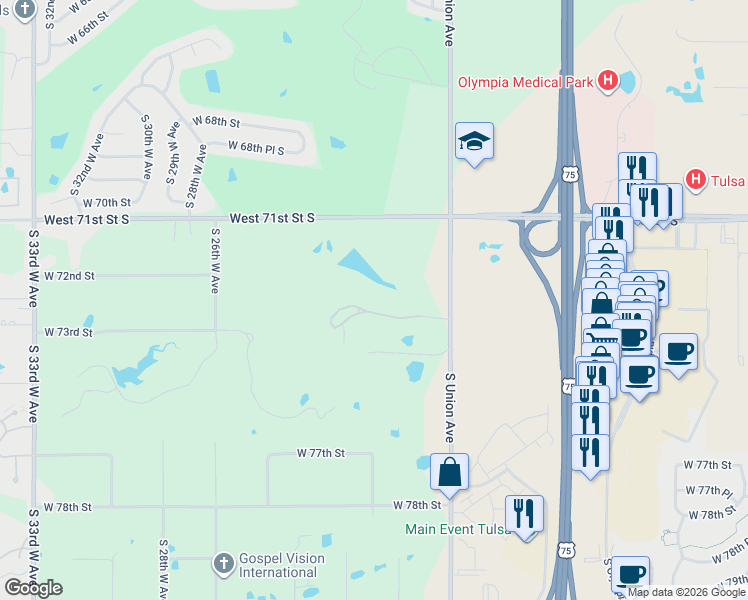 map of restaurants, bars, coffee shops, grocery stores, and more near in Tulsa