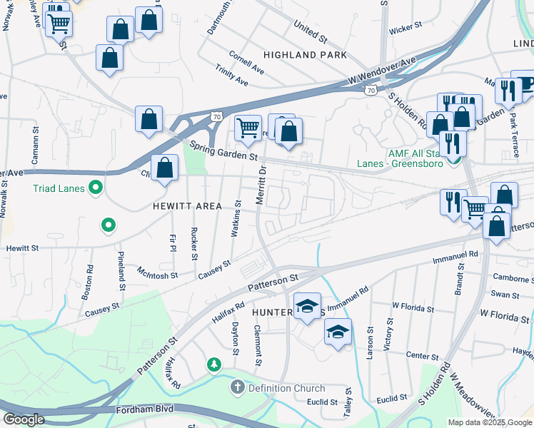 map of restaurants, bars, coffee shops, grocery stores, and more near 3657 Hewitt Street in Greensboro