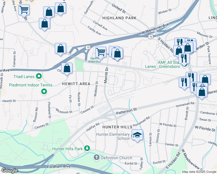 map of restaurants, bars, coffee shops, grocery stores, and more near 3657 Hewitt Street in Greensboro