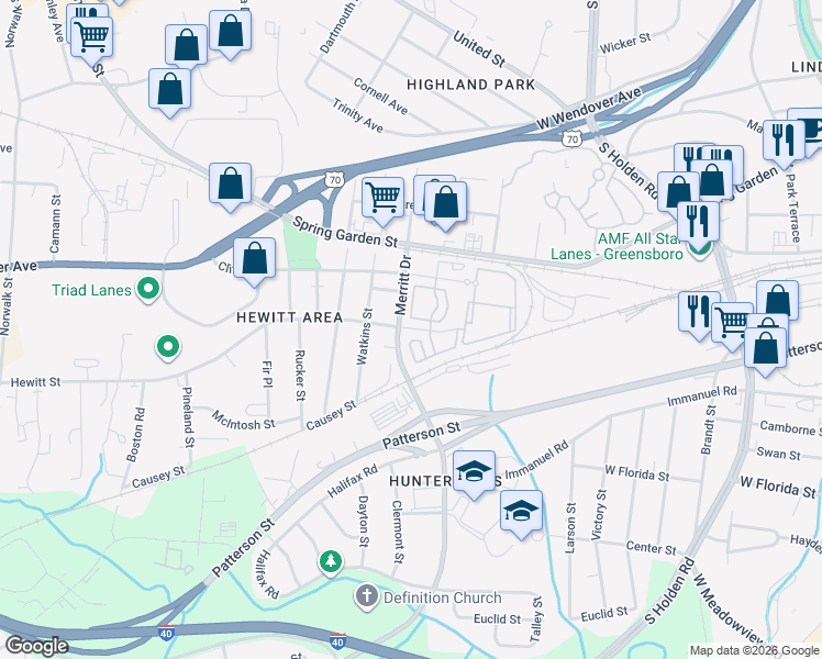 map of restaurants, bars, coffee shops, grocery stores, and more near 3659 Hewitt Street in Greensboro