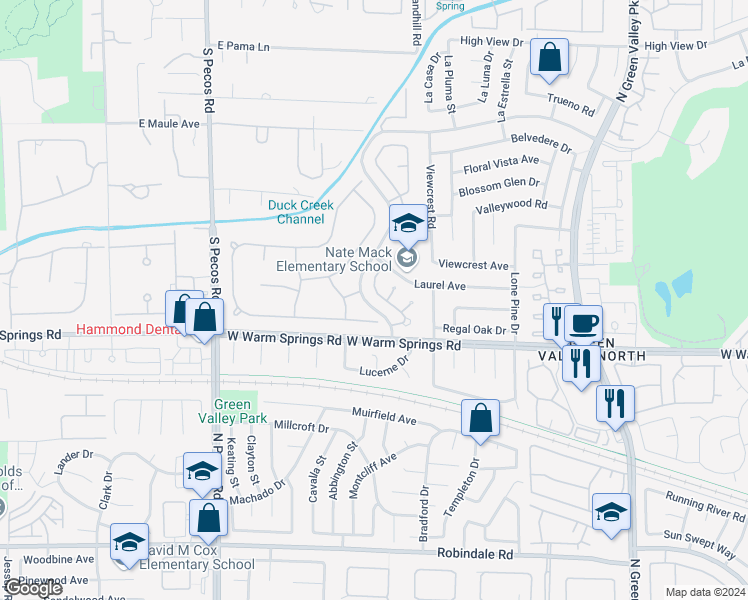 map of restaurants, bars, coffee shops, grocery stores, and more near 17 Hummingbird Lane in Henderson