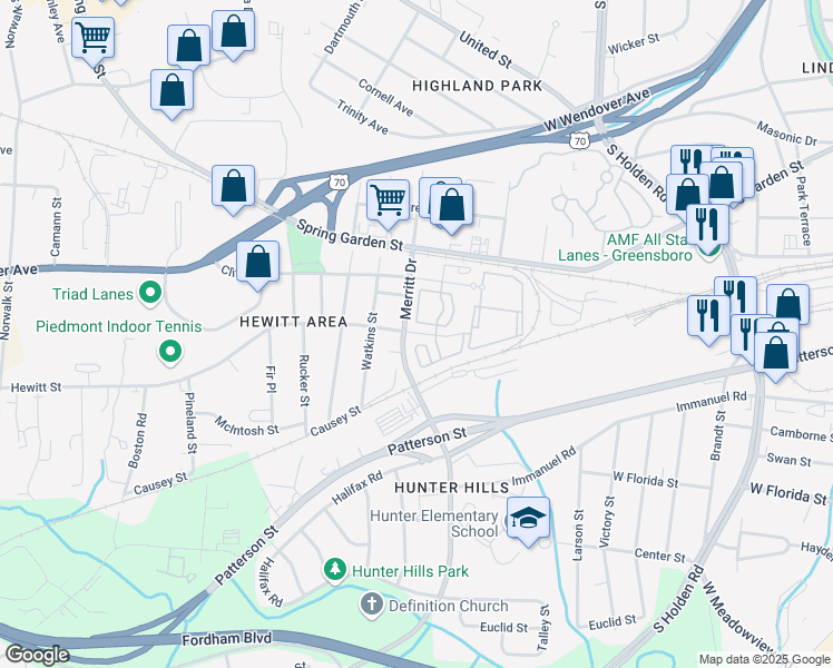map of restaurants, bars, coffee shops, grocery stores, and more near 3661 Hewitt Street in Greensboro