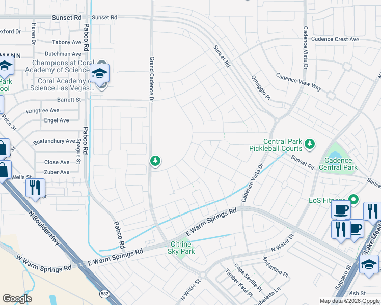 map of restaurants, bars, coffee shops, grocery stores, and more near Warm Springs Road in Henderson