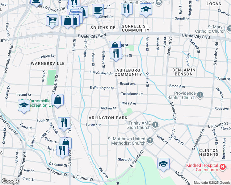 map of restaurants, bars, coffee shops, grocery stores, and more near 900 Martin Luther King Junior Drive in Greensboro