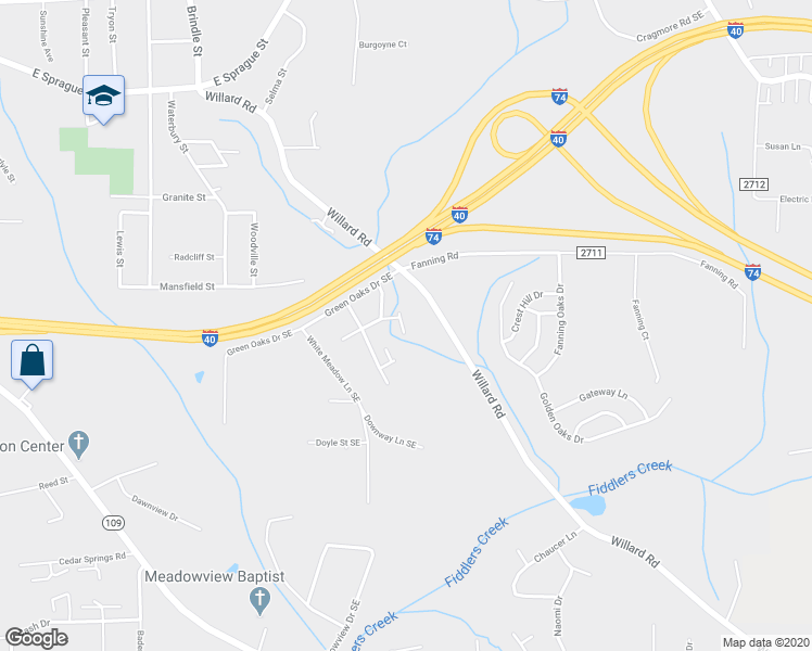 map of restaurants, bars, coffee shops, grocery stores, and more near 2405 Markwood Lane Southeast in Winston-Salem
