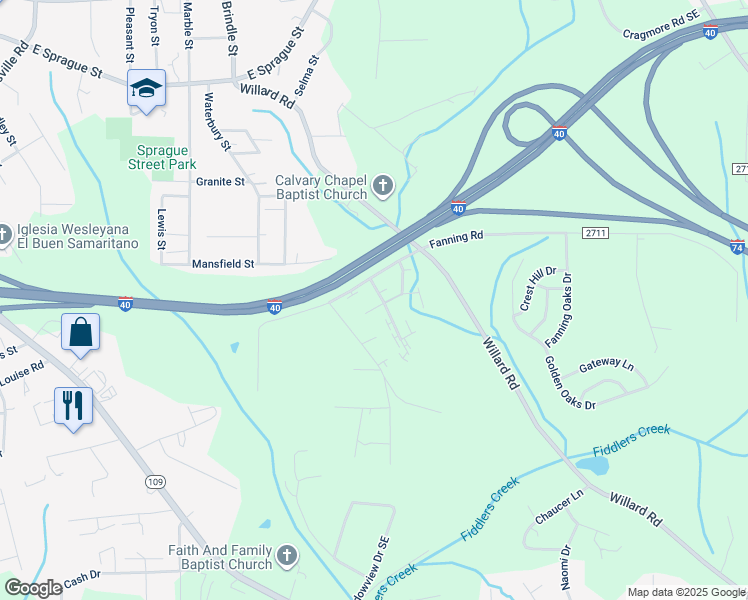 map of restaurants, bars, coffee shops, grocery stores, and more near 2501 Green Oaks Court Southeast in Winston-Salem