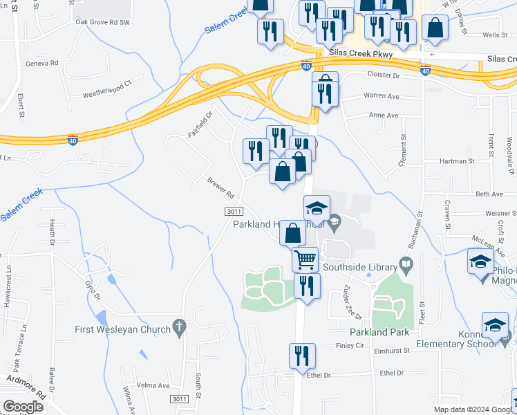 map of restaurants, bars, coffee shops, grocery stores, and more near 1410 Brewer Road in Winston-Salem
