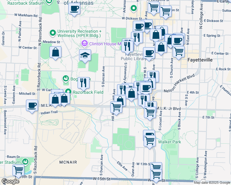map of restaurants, bars, coffee shops, grocery stores, and more near 165 South Hill Avenue in Fayetteville