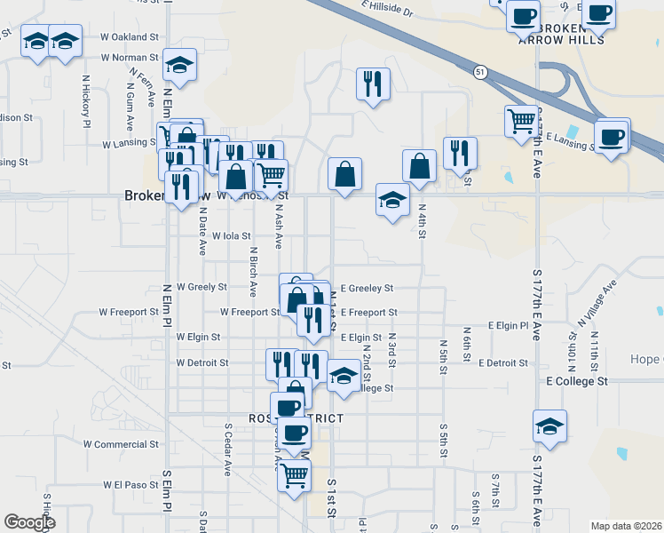 map of restaurants, bars, coffee shops, grocery stores, and more near 710 North 1st Street in Broken Arrow