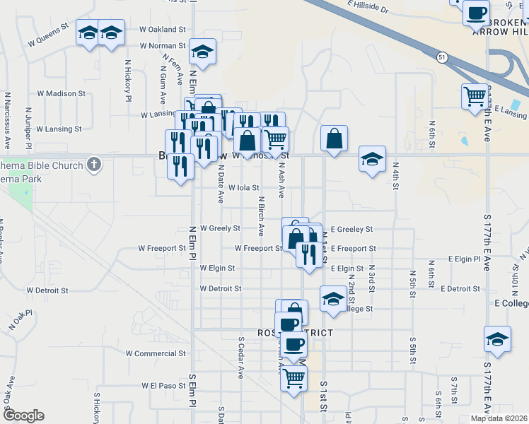 map of restaurants, bars, coffee shops, grocery stores, and more near in Broken Arrow