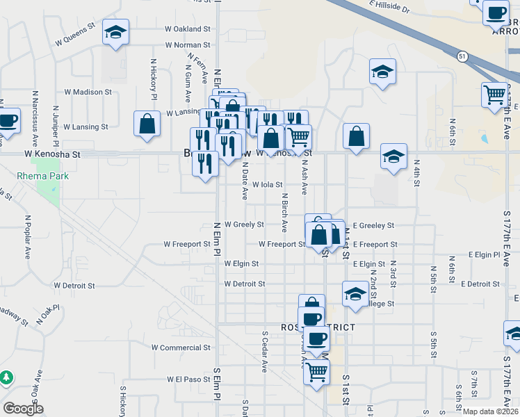 map of restaurants, bars, coffee shops, grocery stores, and more near 701 North Cedar Avenue in Broken Arrow