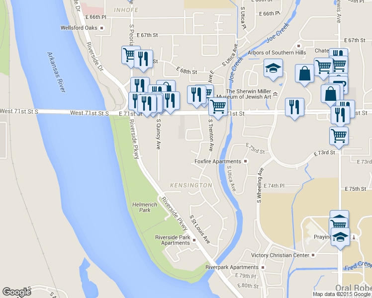map of restaurants, bars, coffee shops, grocery stores, and more near 1515 East 73rd Place in Tulsa